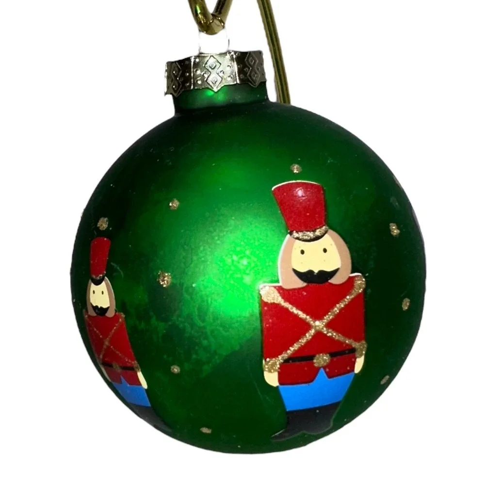 Vintage Set Of‎ 5 Green Christmas Ornaments Snowman Santa Soldier Glass Balls